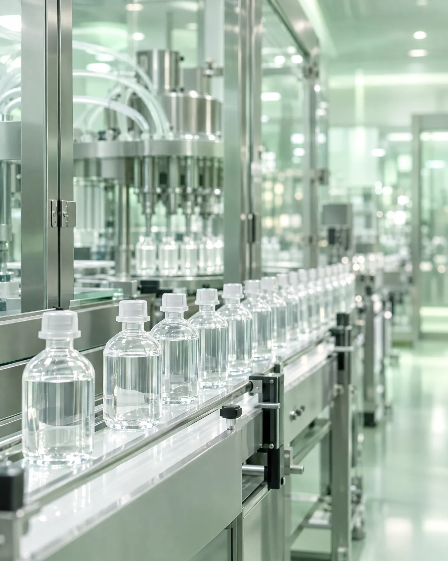 A softly lit clean-room filling line with rows of clear bottles.